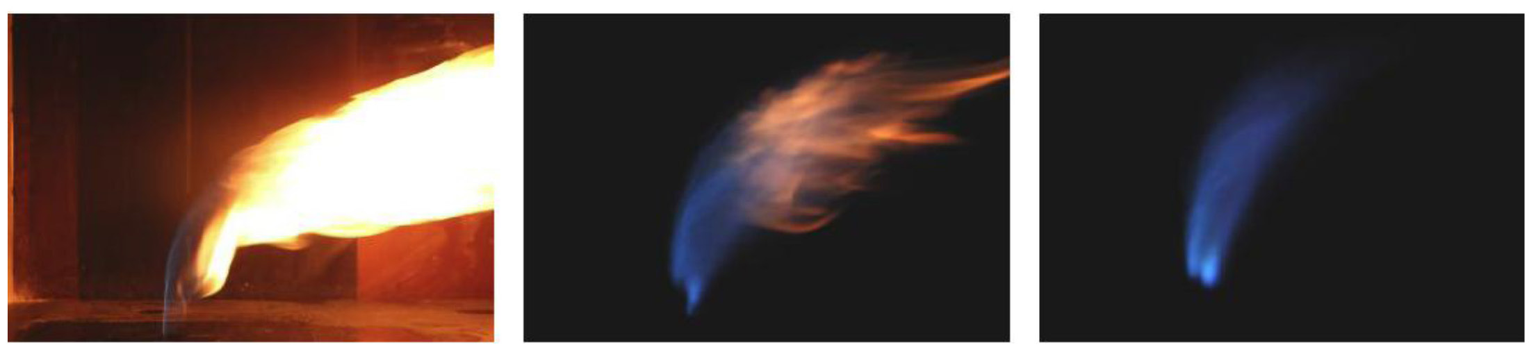 Jet flames in crossflow with different levels of premixing. The fuel is 70% CH4 +30% H2. From left to right: non-premixed, jet fluid diluted by 25% (volume basis) with air, and jet fluid diluted by 50% with air