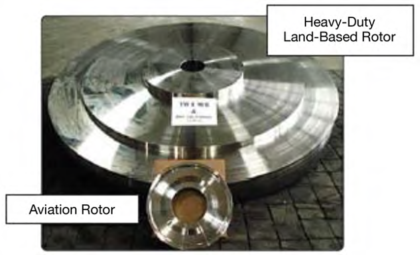 A comparison of a heavy duty gas turbine wheel and a jet engine disk. The large increase in wheel size presents processing challenges that must be addressed during alloy design