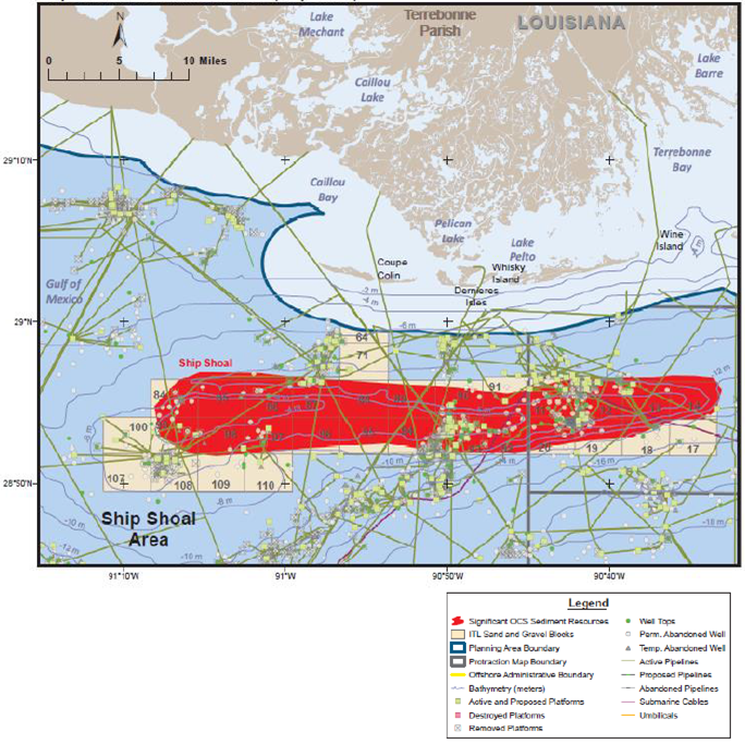Figure 1: Map depicting the Ship Shoal study area, including the associated oil and gas infrastructure.
