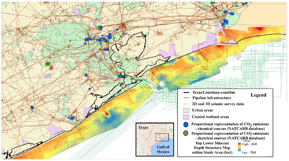 Figure 1. Near-offshore northwest Gulf of Mexico planned project area is completely covered by available 3-D seismic lines as well as an array of 2-D lines. Refinery and chemical sources (blue) and electricity generators (green; from the NATCARB database) and existing pipeline networks are key elements of project readiness.