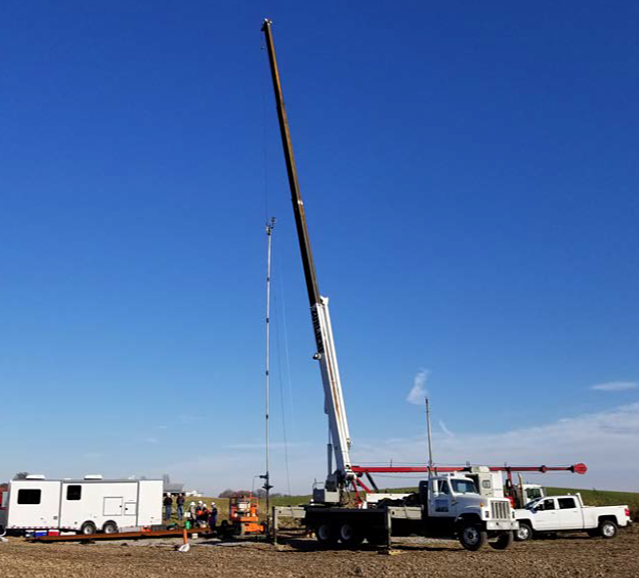 Workover rig and Mobile Mineralization Unit at the Rexing #4 well near Cynthiana, IN December 2017 during the second field trial of the MICP process.