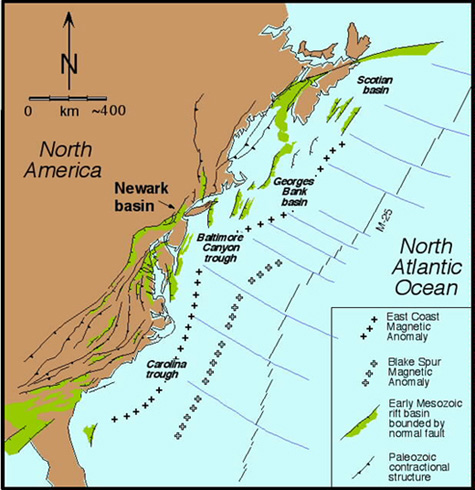 Location of the project basin (Newark) and other east coast rift basins where project results may be applicable.