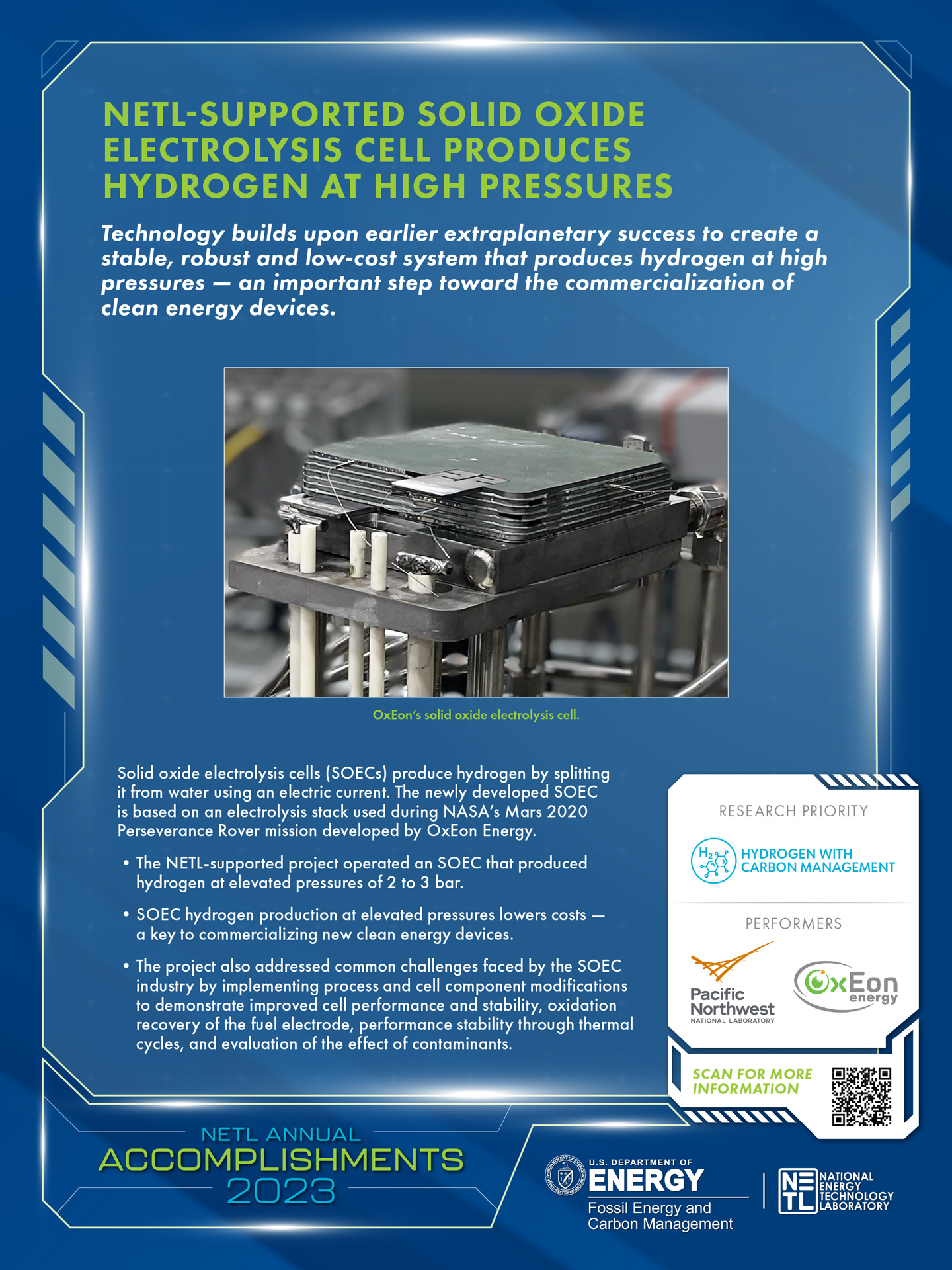 NETL-Supported Solid Oxide Electrolysis Cell Produces Hydrogen at High Pressures