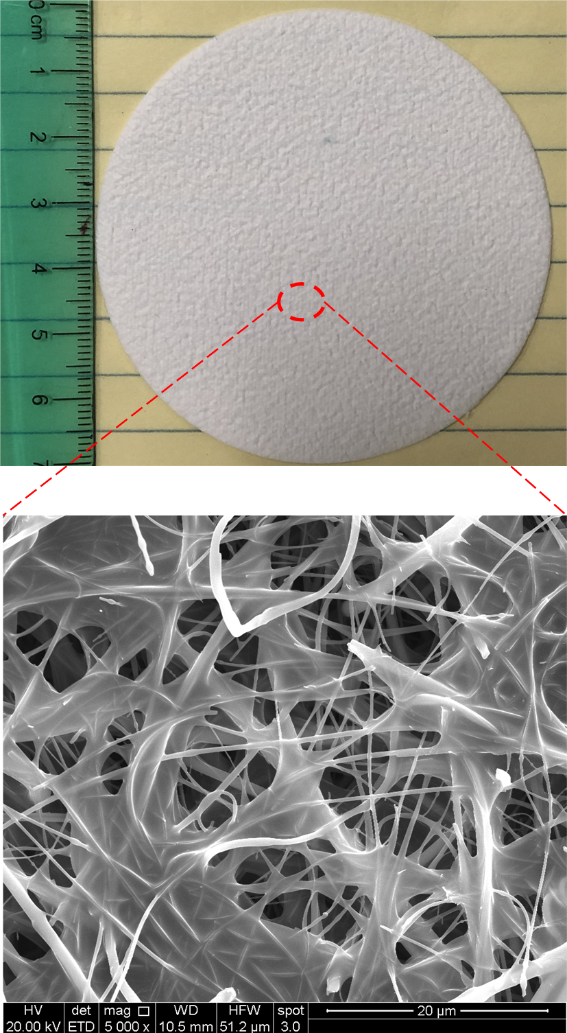 Glass giber fiber sheet (top) and scanning electron microscope (SEM) image of the functionalized fiber network.