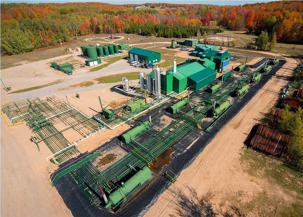 An aerial view of Core Energy’s central processing facility (Dover 36) for distribution of CO2 to the EOR fields and processing of produced oil, gas, and brine, as well as CO2 recycling.
