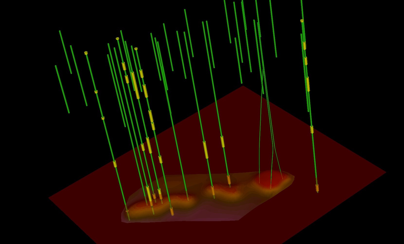 3D representation of wells near the reefs showing depths and plugging configurations.