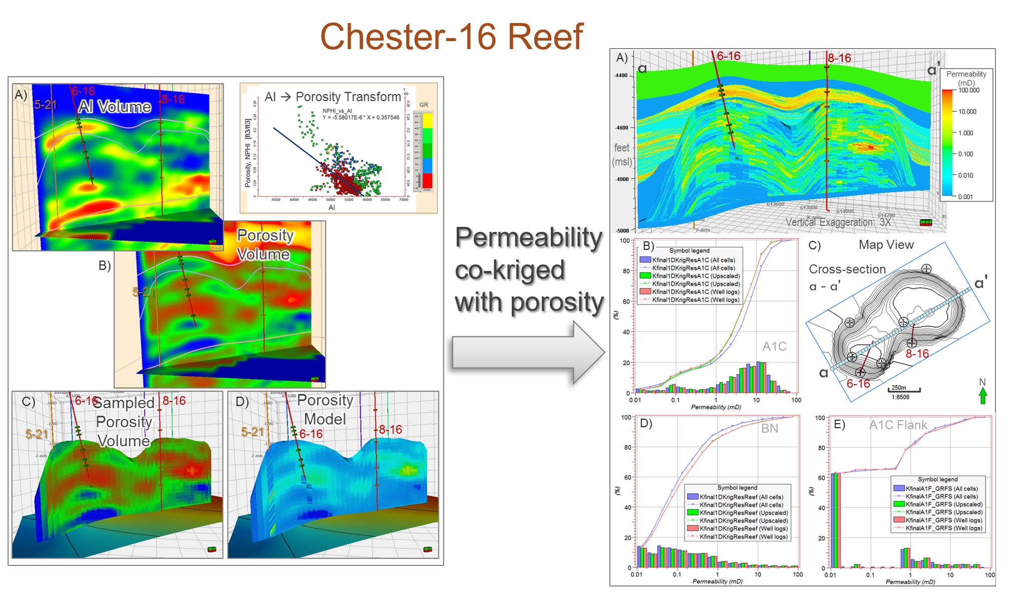 Example of a detailed reef model showing developing of porosity distribution from various data sets, and porosity to permeability transforms to be used for dynamic simulations.