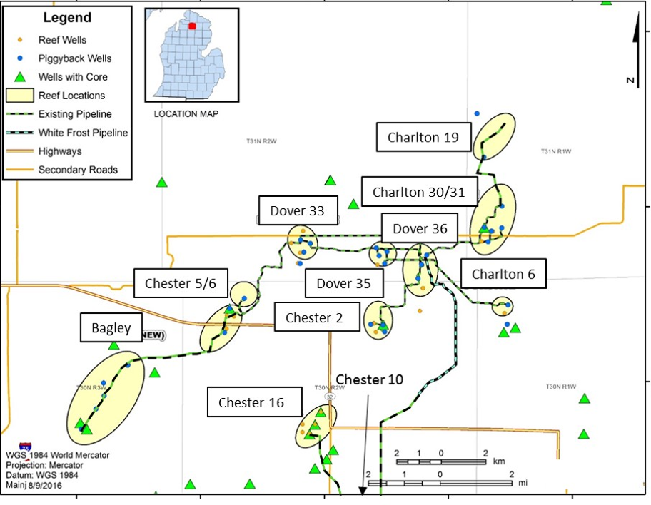 MRCSP large-scale field test site map showing pipeline network connecting discrete oil fields.