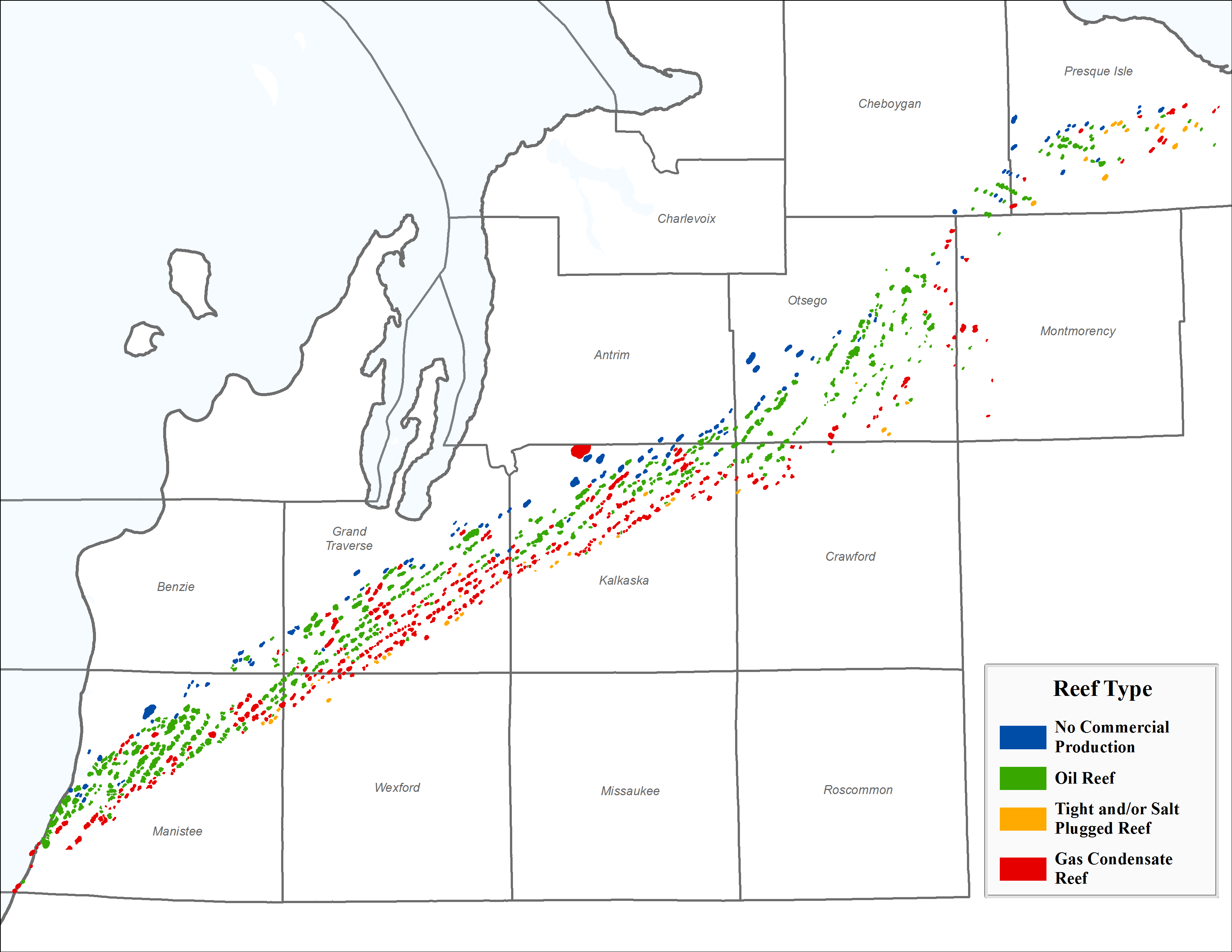Regional map showing Niagaran Pinnacle Reef Trend classified based on the dominant fluid type.