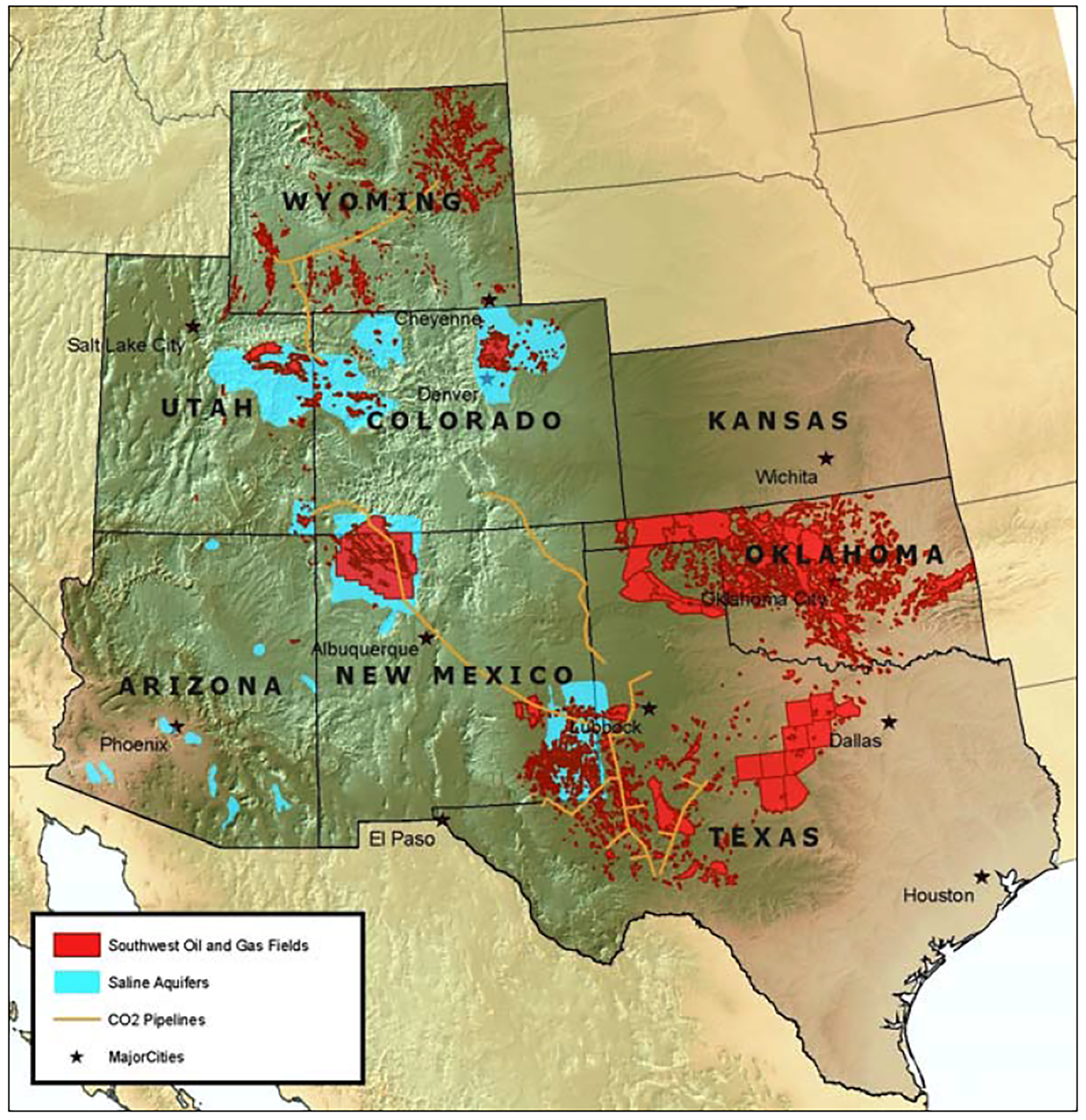 Figure 3: Abundant sinks exist in the region, with a strong emphasis on injection into depleted oil reservoirs, as well as saline aquifers that are often found in association with these reservoirs. 