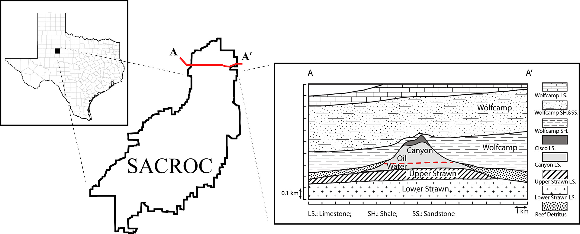 Caption: Detailed location of SACROC Unit site and a structural and stratigraphic cross-section of profile A-A’.