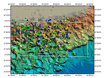 Preliminary results of SAR data analyzed for persistent hydrocarbon seeps and gas hydrate deposits showing seep sources in the Green Canyon area of the northern Gulf of Mexico. Each symbol represents a separate SAR image. We estimate that there are over 900 individual sources in this small region of the Gulf of Mexico slope.