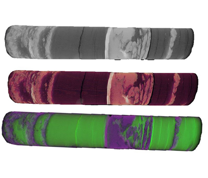 Three views of rock salt core colored to reflect mineral density.