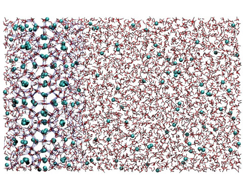 Snapshot at 13 nanoseconds of a methane hydrate dissolution simulation.