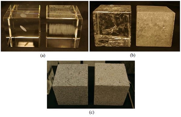 Figure 1: Analogue/rock samples prepared using the following techniques for producing preexisting fractures: (a) 3D laser engraved fractures, (b) Thermal-shrinkage-induced fractures, and (c) Phase-transition-induced cracks in granite (block on the right was heated above the α−β quartz transition point)