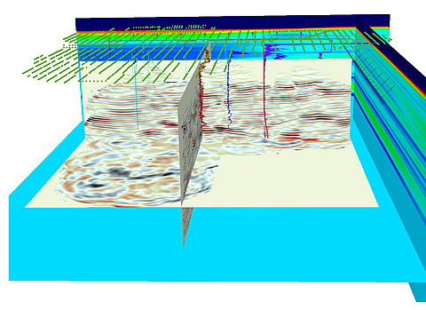 This example of the software display shows a multi-well 3-D VSP image displayed together with velocity model, well-log curves, well trajectories, and source points.