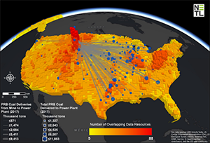 3D map visualization displaying the number of overlapping data resources (scaled from lower (yellow) to higher (red)) relevant for predicting REE concentrations in coal and coal-related strata. This is overlain with quantities (thousand tons) of Powder River Basin (PRB) coal visualized by individual deliveries (gray lines; quantity scaled by width) from 16 mines to 134 power plants (blue spheres; quantity scaled by size) for 2017. In 2017, the PRB accounted for 43% of total U.S. coal production.