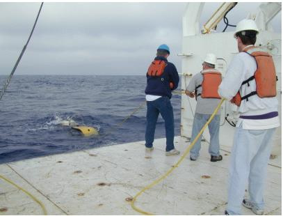R/V Pelican crew deploying the DT1 instrument in the Gulf of Mexico, over Atwater Valley.