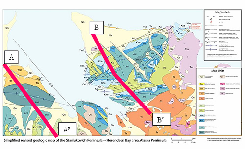 Generalized geologic map of the Staniukovich Peninsula southwest of Port Moller (from P.L. Decker; modified from Wilson and others, 1995)