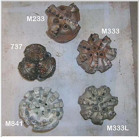 Bits used in Phase II testing: impregnated, 4-blade and two 7-blade PDC, and roller cone, all 6”.
