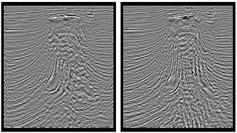 Comparison between wave equation imaging with 3 km aperture (left) and 10 km aperture (right).Note improved imaging of steeply dipping beds.