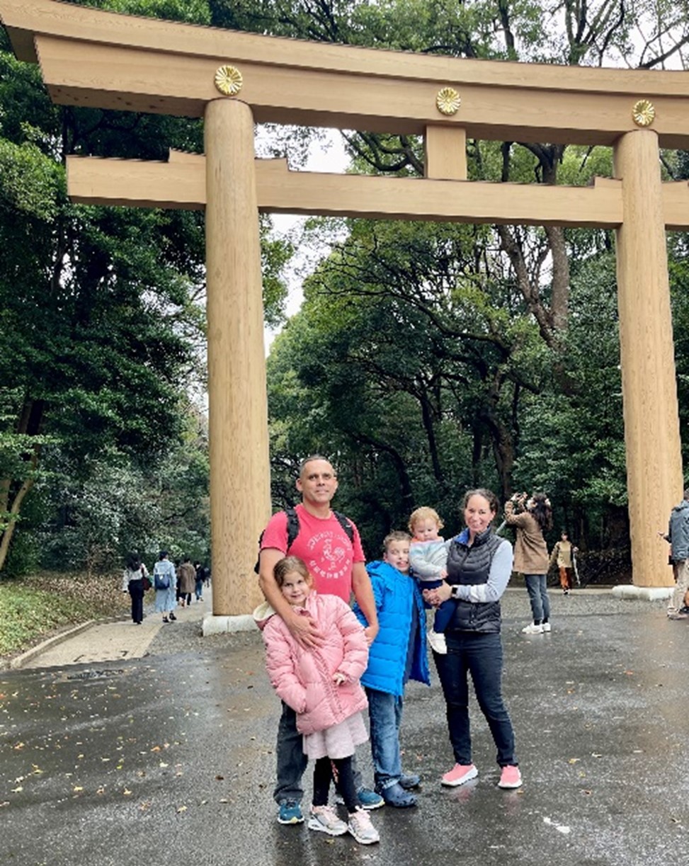 The Behrman family visits Meiji Shrine in Tokyo, Japan. Photo taken in March 2023.