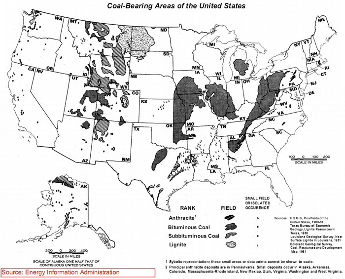 This figure shows the locations and type for all of the coal deposits in the U.S.