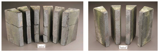 Conventional (left) and phosphate-modified (right) chrome oxide refractory materials after rotary slag testing. New materials research and development, like this improved refractory material aims to improve gasifier availability. 