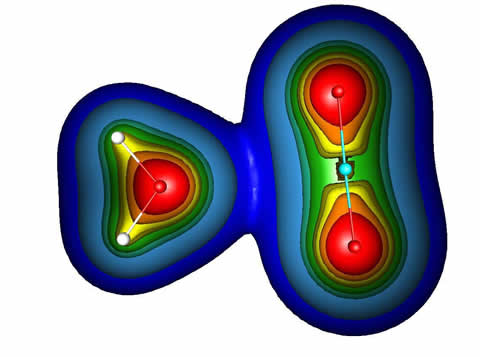 Molecular Dynamics Simulations - Electron density plot for an H2O - CO2 complex. Intermolecular potentials for this complex have been calculated via ab initio methods and accurate occupancy values have been determined. These potentials are being used in MD simulations to evaluate the mechanism of CO2 and CH4dissolution from hydrates into undersaturated water.