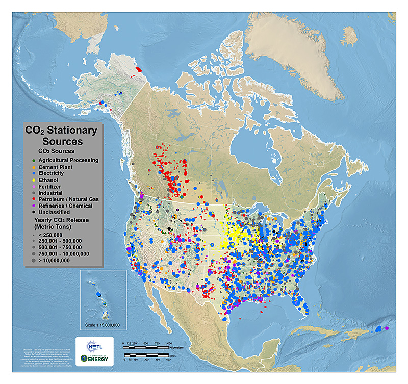This map displays CO2 stationary source data which were obtained from the RCSPs and other external sources and compiled by NATCARB. Each colored dot represents a different type of CO2 stationary source with the dot size representing the relative magnitude of the CO2 emissions. 
