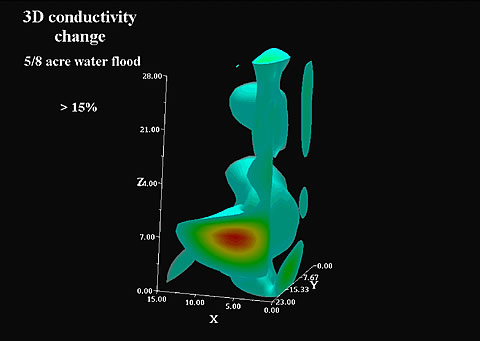 A 3-D image of resistivity change during a waterflood of Lost Hills oilfield in California.