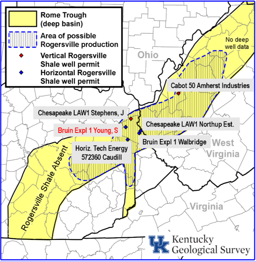 Locations of Rogersville Shale unconventional oil and gas (wells in eastern KY and southern WV). The CSRC horizontal research well will be drilled from the pilot hole of the Bruin Exploration 1 Young well, highlighted in red.
