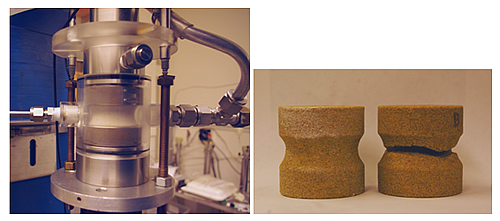 Researchers developed and used a new testing method (modified uniaxial compression test) to study borehole breakout and sanding in synthetic and natural sandstone cores (Castlegate sandstone cores before and after an experiment are shown). The test allows a continuous observation of breakout growth during an experiment while fluid is circulated around and within a small rock core.