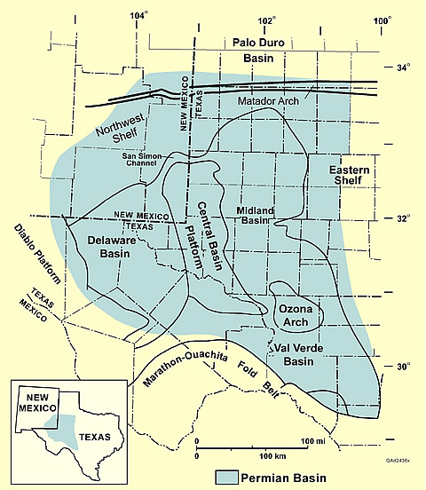 Major subdivisions and boundaries of the Permian Basin in west Texas and southeast New Mexico.