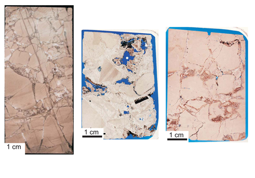 Three samples of Lower Ellenburger carbonate reservoir rock displaying signs of karst-related fracturing. The sample at left shows multiple generations of karst-related fractures. The middle sample shows interclast pores related to karst processes. The sample at right shows crackle breccia pores related to karst processes.