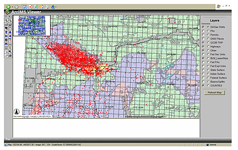 Screenshot of ArcIMS Viewer display of part of northwest Colorado showing federal lease stipulations and oil and gas wells.
