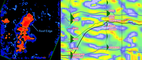(left) Composite Blended Seismic Attribute display. This display combines high amplitude and high variance for two time slices (855 and 860 msec.) and clearly shows the reef's edge. (right) Instantaneous Frequency Display. Shown are two synthetic seismograms for two wells (on and off reef) used for well-to-seismic ties overlain on an Instantaneous Frequency slice through the reef. Note the low-frequency zone (blue) corresponding to the perforated (high-porosity) interval.