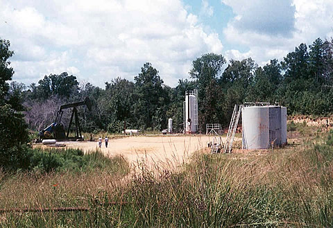 View of a typical oilfield sampling site in the Black Warrior Basin of Mississippi.