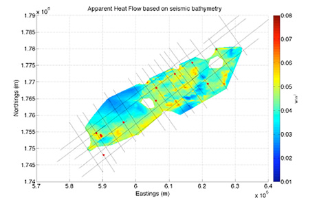 OSU has generated 2-D models to depict regional variations in heat flow for the KG Basin and Andaman Sea. Initial results showed that heat flow values at any given depth, as well as the rate at which heat flow increases with depth, are on the order of 2.25 times lower in the Andaman Basin than those for the KG Basin. While the analysis showed that heat flow in these basins is influenced by topographic variations, other processes also appear to influence heat flow as there were strong variations in heat flow even where no topographic variation exists. In addition, where topography does affect heat flow, the theoretically modeled heat flow variations were smaller than those indicated by the apparent heat flow maps. Core samples from both sites indicate a lower thermal conductivity in the Andaman Basin, which explains the lower heat flow values. However, the thermal conductivity values observed were not sufficient to explain the large degree of heat flow variance between the two sites. These results suggested the need for expanded modeling to account for more complex geometries.  OSU revised apparent heat flow maps of the Krishna-Godavari and Andaman basins. By removing poorly constrained portions of the map and anomalies induced by seismic survey registration errors. Heat flow profiles across the Mahanadi basin were also constructed. Additionally, heat flows from various continental margin environments worldwide were compiled and compared to NGHP Expedition 01 BSR-derived heat flow to see if the increase in apparent heat flow observed in all three study sites is a common feature of continental margins. These findings have been compiled in a manuscript submitted to the journal Marine Geophysical Researches. The manuscript will be made publically available once the publication has been released.