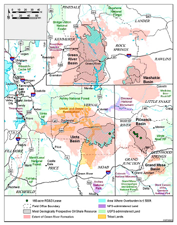 Green River Formation basins in Colorado, Utah, and Wyoming. Figure shows most geologically prospective oil shale resources; areas where the overburden above the oil shale resources is =500 ft; and locations of the six RD&D projects.