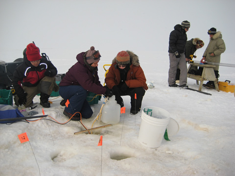 Foreground (left to right) – Ruo He, Monica Heintz, Mary Beth Leigh collecting water samples. Background (left to right) – John Pohlman, Mat Wooller, and Ben Gaglioti preparing core liner and coring head for deployment.
