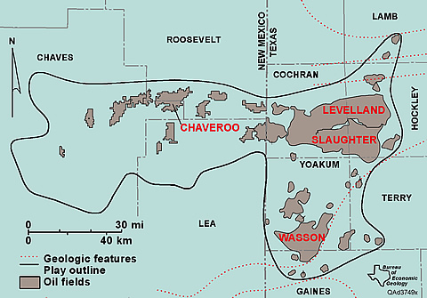 Play map for the Northwest Shelf San Andres Platform Carbonate play, showing location of reservoirs having >1 MMbbl cumulative production, the play boundary, and geologic features.