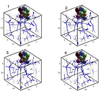 	An abrupt local change in force chains and configuration, affecting the overall response of a small pack (306 grains). The plot shows 4 consecutive configurations (marked 1- 4), where the macroscopic strains applied in each step are similar. In each plot the maximum (top 10%) force vectors are plotted with the line width proportional to the contact force magnitude. Also shown is a cluster of grains. Note the abrupt change.