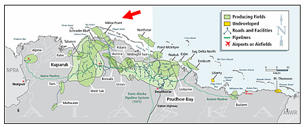 The Milne Point field, one of a number of distinct oil fields on the North Slope, extends offshore into the Beaufort Sea and is situated north of the large Kuparuk Field and northwest of the well known Prudhoe Bay Field.
