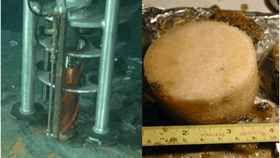 Hydrate drill collecting large core on sea floor (left) and a section of core in the lab (right) - courtesy Texas A&M