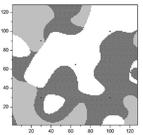 The image above shows an initial guess for a 2-D facies map based on geologic information. The reservoir contains three lithofacies-dolomite (patterned dark gray), shale (light gray), and sand (white)-with distinct values of permeability and porosity.