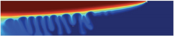 A preliminary high-resolution simulation of plume migration in a homogeneous, horizontal aquifer under the effect of convective dissolution trapping. The simulation employs the fluid properties of the analogue fluid system (water and propylene-glycol) and a very low value of the Rayleigh number (Ra = 1; 000). (Massachusetts Institute of Technology project DE-FE0009738)