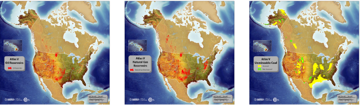 Images depicting the oil reservoirs, natural gas reservoirs, and unmineable coal storage resources in the United States and portions of Canada.