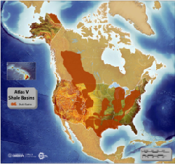 Image depicting basins containing organic-rich shales in the United States and portions of Canada. 