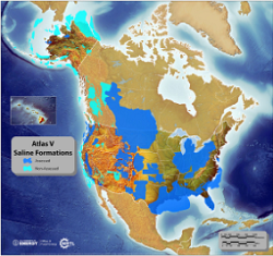 Image depicting the saline storage resources in the United States and portions of Canada. Extensive saline formations exist in the large sedimentary basins located across the country.